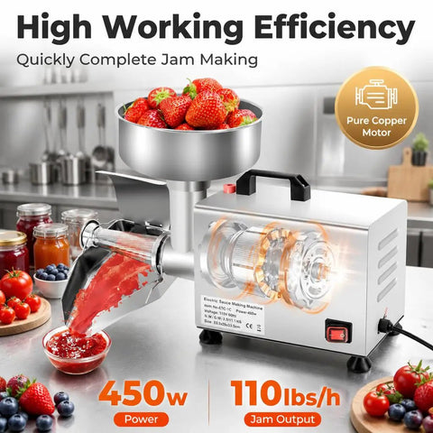 Premium 450W Electric Tomato Strainer Commercial Sauce Maker with stainless steel bowl and motorized fruit press for jam.
