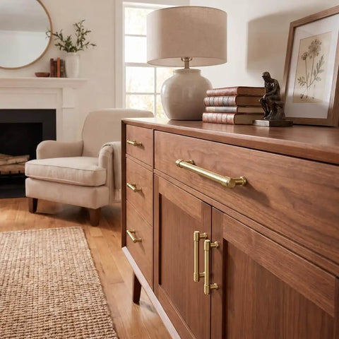 Top Tier Brushed Brass Cabinet Pulls 10 Pack Featuring 96MM Hole Spacing on a stylish wooden sideboard.