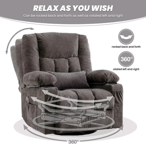 Oversized Recliner Chair For Adults With Vibration Massage And Lumbar Heating Swivel Rocker Recliner With Cup Holder