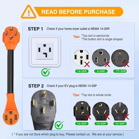 Steps to check NEMA 14-30R dryer outlet and NEMA 14-50P EV plug compatibility for Heavy Duty EV Charge Adapter 30 To 50 Amp 10 Gauge NEMA 14 30P To 14 50R Converter.