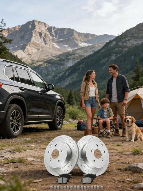 RAV4 Rear Brake Rotors Kit With Ceramic Pads And Back Discs, 281mm 11.1in, shown near family and SUV in scenic outdoors