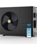 Premium 83000 Btu Electric Pool Heater For Above Ground And Inground Pools With Advanced Evi Compressor showing black exterior and WiFi controls.