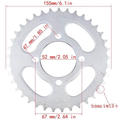 428 Chain And Sprocket Kit With 37 Tooth Rear Sprocket 52mm ID showing measurements for pit dirt bikes and ATVs