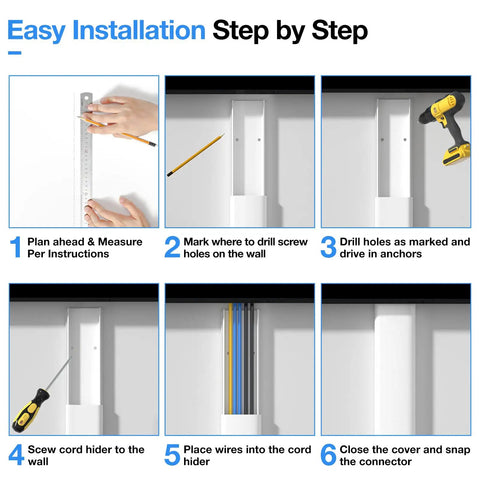 Step-by-step installation guide for 62.8 Inch Cable Hider Kit For Wall Mount TV Cables, showing the process of wall cable management.