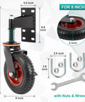 Eight Inch Gate Wheels With Brake 360 Degree Swivel Spring Loaded 600 Lbs Capacity Built Tough Gate Wheel For Metal Swing Tube Gates And Wooden Fence Gates 2 Pack with mounting accessories and tools.