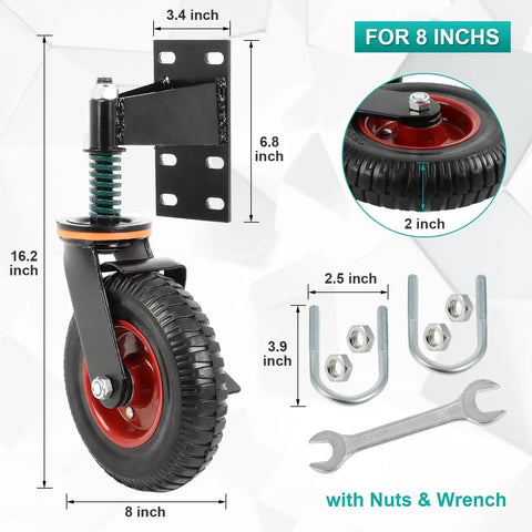 Eight Inch Gate Wheels With Brake 360 Degree Swivel Spring Loaded 600 Lbs Capacity Built Tough Gate Wheel For Metal Swing Tube Gates And Wooden Fence Gates 2 Pack with mounting accessories and tools.
