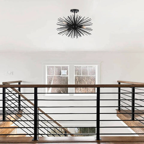 Black 20 Inch Sputnik Ceiling Light Fixture Over Table Four Lights Starburst Chandelier Modern Solid Metal Semi Flush Mount With E12 Base