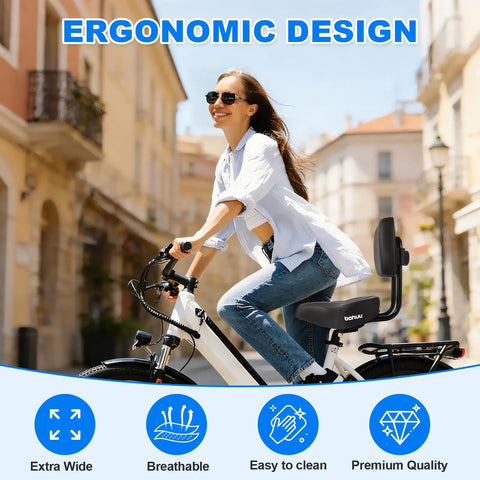 Person riding a bike with Extra Wide Bike Seat For Men And Women Cozy Cushioned Saddle with Breathable Hollow Design and Shock Absorption