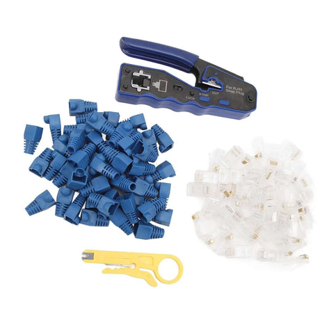 All In One Ethernet Crimping Tool For Cat5 Cat5e Cat6 Cat6A Pass Through Connectors Strips Cuts Crimps With Hardened Blades starter kit