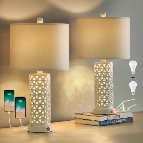 3-Way Dimmable Touch Control Dope Rustic Table Lamp Set Of 2 Vintage Farmhouse 21.25 Inch Tall Bedside Lamps With White Shade And USB Charging 2 Bulbs Included Perfect For Living Room Bedroom Nightstand Home Office
