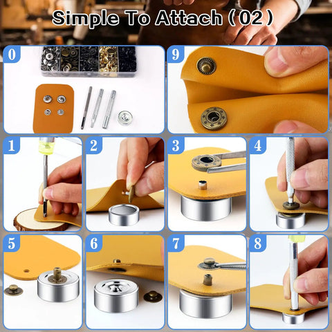 15mm Snap Fasteners Kit With 125 Sets In Five Colors Gold Silver Bronze Black And Gun Black Stainless Steel Leather Snaps Installation Steps