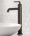 Ramus One Handle Vessel Sink Bathroom Faucet With Pop Up Drain Dope Matte Black Finish Lead Free Solid Brass Construction And Ceramic Cartridge For Leak Free Performance, side view of faucet next to white vessel sink