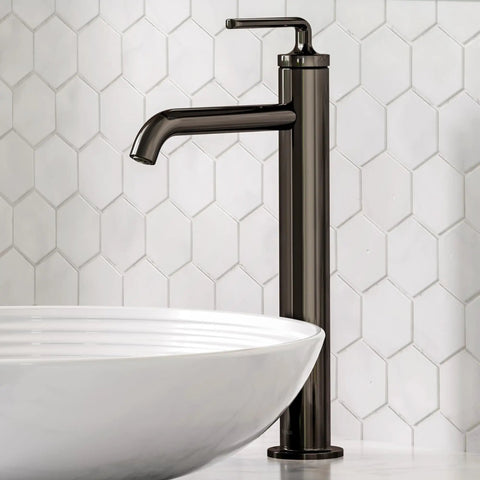 Ramus One Handle Vessel Sink Bathroom Faucet With Pop Up Drain Dope Matte Black Finish Lead Free Solid Brass Construction And Ceramic Cartridge For Leak Free Performance, side view of faucet next to white vessel sink
