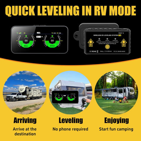 Two In One Wireless RV Leveling System And Off Road Inclinometer with display showing roll and pitch for precise leveling