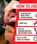 Tough As Nails Medium Strength Threadlocker Glue usage instructions with graphic showing application on a bolt.