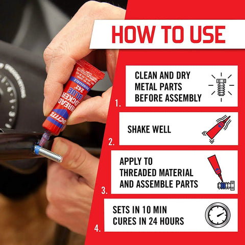 Tough As Nails Medium Strength Threadlocker Glue usage instructions with graphic showing application on a bolt.
