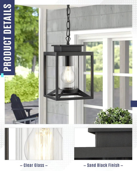 Modern Farmhouse Outdoor Pendant Light for Porch, one light black hanging lantern with glass cylinder on porch