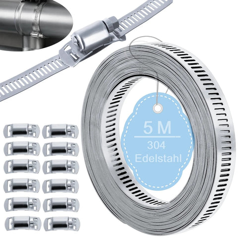 Front view: Stainless steel hose clamp kit with 16 ft cut-to-fit strap and 12 worm-gear clamps for pipes and ducts