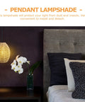 Cozy Vibe Handwoven Rope Pendant Lampshades Set Of Three beside bed with orchid and dark pillows, khaki color, 9.64x21.25x7.08 inches, paper rope.