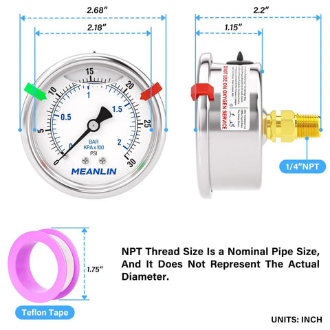 Beefy Stainless Steel Liquid Filled Pressure Gauge 0 to 30 Psi 1 Quarter NPT Center Back Mount Two And A Half Inch Luminous Dial