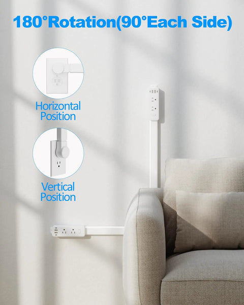 Smooth Gliding Power Strip Extender With Six Standard Outlets And Four Fast Charge Usb Ports That Slides From Twenty Two To Thirty Four Inches And Pivots One Eighty Degrees, showing horizontal and vertical positions.