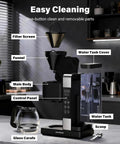 Programmable 10 Cup Drip Coffee Maker With Brew Pause, Adjustable Brew Strength, removable 50 oz water tank, parts labeled.