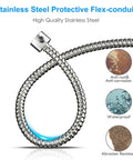 Stainless steel protective flex-conduit showcasing anti-rust, waterproof, and abrasion-resistant features