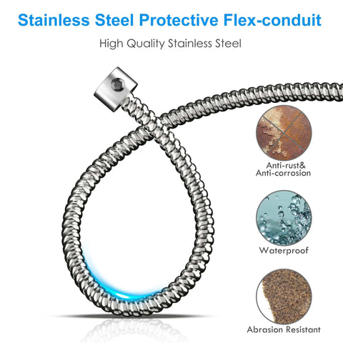Stainless steel protective flex-conduit showcasing anti-rust, waterproof, and abrasion-resistant features