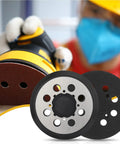 Five Inch Sander Pad Replacement with Eight Hole Hook and Loop for DeWalt Random Orbital Sanders DWE6421 metal pad shown in use