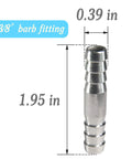 Side view of stainless steel 3/8-inch barb hose fitting with ribbed end