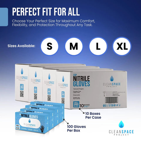 Real Deal Top Shelf Black Nitrile Gloves Box Of One Hundred Powder Free Latex Free Extra Large displayed with sizes S, M, L, XL.