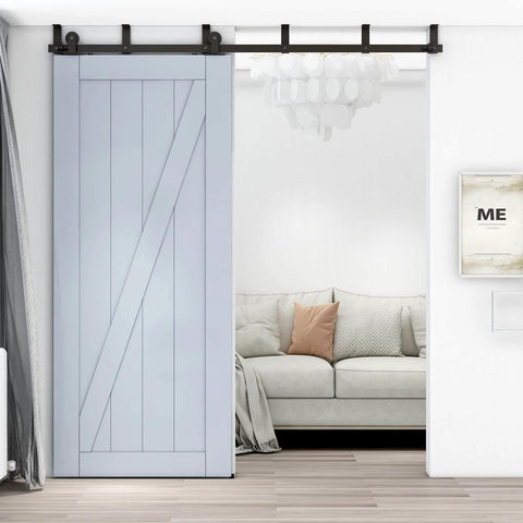Sliding Barn Door Hardware Kit Black For 5.5 Foot Ceiling Mount With L Shaped Bracket System on white single door installation