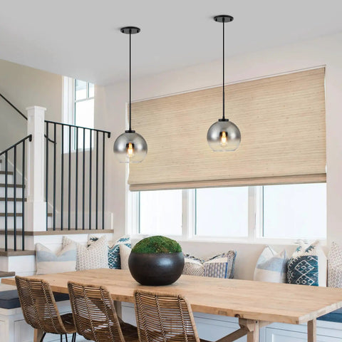 Interior view showcasing Black Farmhouse Pendant Light Fixtures Two Pack Over Table With Crystal Lampshades For Kitchen Island And Dining Room Rustic Ceiling Hanging Lighting For Kitchen Sink Area.