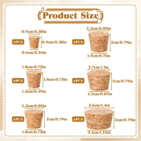 Natural Cork Stoppers Set For Glass Bottles 36 Pieces With Six Handy Sizes showing product dimensions and quantity