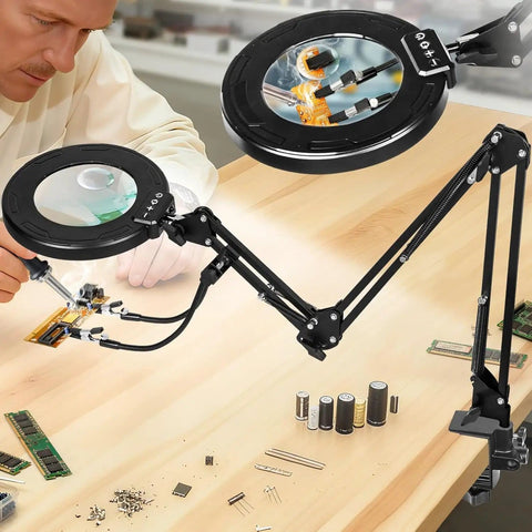 Lighted Magnifying Glass With Stand And Clamp Arm, 12X 30X Real Glass Magnifier for soldering and hobby work on desk