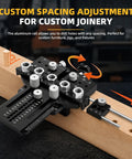 Heavy Duty 5 Hole Dowel Jig For Cabinet Crafting And Furniture Assembly Featuring Robust Alloy Steel Frame and custom spacing adjustment.