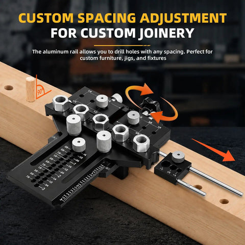 Heavy Duty 5 Hole Dowel Jig For Cabinet Crafting And Furniture Assembly Featuring Robust Alloy Steel Frame and custom spacing adjustment.