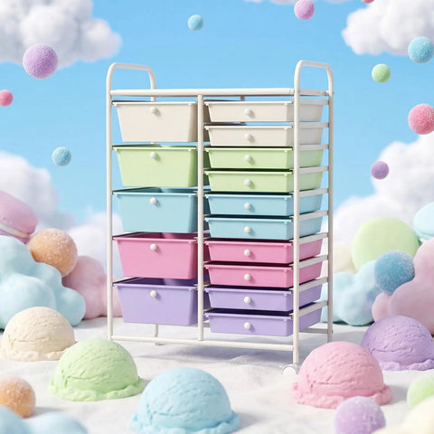 15 Drawer Rolling Storage Cart For Classroom And Office, Mobile Organizer Cart For Tools, Crafts, Small Printer in pastel colors