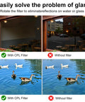 Comparison image showing glare reduction with 52mm Clip-On Circular Polarizer Filter for iPhone and Android, CPL Lens With Multi-Layer Coating.