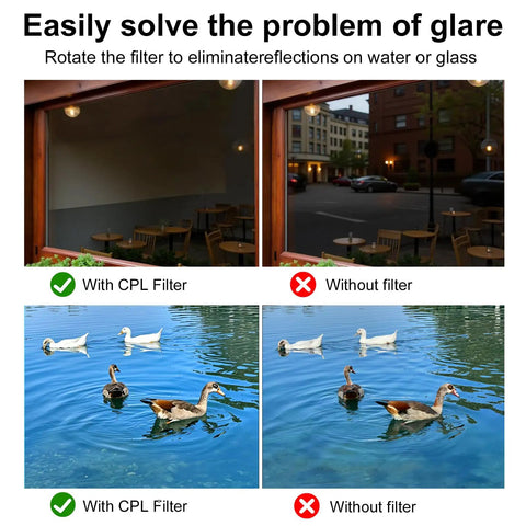 Comparison image showing glare reduction with 52mm Clip-On Circular Polarizer Filter for iPhone and Android, CPL Lens With Multi-Layer Coating.