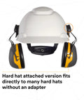 Cap Style Ear Muffs With Hard Hat Clip On X2P3E Noise Reduction 24 Decibels attached to hard hat in black yellow