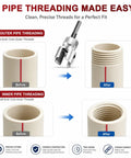 Adastone High Carbon Steel Pipe Threader Kit With 1/2 Inch 3/4 Inch And 1 Inch Taps Includes PVC Threading Tool showing outer and inner threading steps.