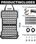 Vehicle MOLLE Panel Back Seat Organizer For Trucks And Boats Mount Rack With Fire Extinguisher Quick Mount Hook And Loop Fasteners Elastic Rope Adjustable Versatile Panel For Secure Gear And Easy Access shown with dimensions and included accessories like Velcro straps and fire extinguisher bracket.
