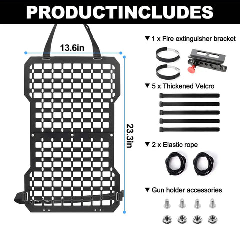Vehicle MOLLE Panel Back Seat Organizer For Trucks And Boats Mount Rack With Fire Extinguisher Quick Mount Hook And Loop Fasteners Elastic Rope Adjustable Versatile Panel For Secure Gear And Easy Access shown with dimensions and included accessories like Velcro straps and fire extinguisher bracket.