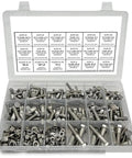 Heavy Duty Stainless Steel Hex Bolt Assortment Kit 380 Piece with various sizes of bolts, nuts, and washers in a clear organizer.