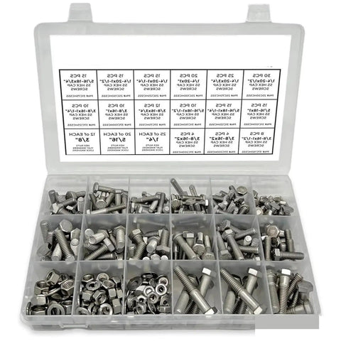 Heavy Duty Stainless Steel Hex Bolt Assortment Kit 380 Piece with various sizes of bolts, nuts, and washers in a clear organizer.
