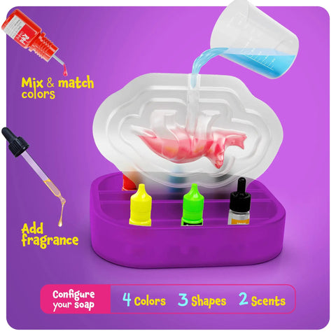 Kids Dinosaur Soap Making Kit For Fun DIY Bath Time Crafts Include Colorful T Rex Stegosaurus And Styracosaurus Soaps Learn Science While You Soak Playful Bath Toy Set, mold with colors and fragrance bottles