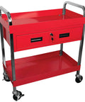 Red two shelf utility cart with locking drawer, 16 gauge steel, swivel casters, workhorse shop organizer for home garage.