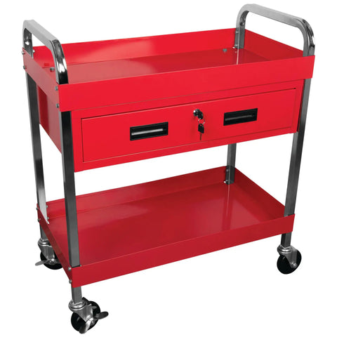 Red two shelf utility cart with locking drawer, 16 gauge steel, swivel casters, workhorse shop organizer for home garage.