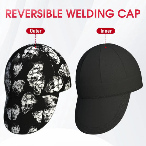 Reversible Welding Cap Skull Style With 260g Martin Fireproof Outer Fabric And 100 Percent Cotton Lining, showing outer and inner views